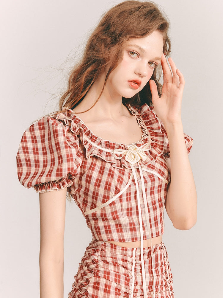 Checked Girly Puff-Sleeve Cute Blouse&amp;Mini-Skirt