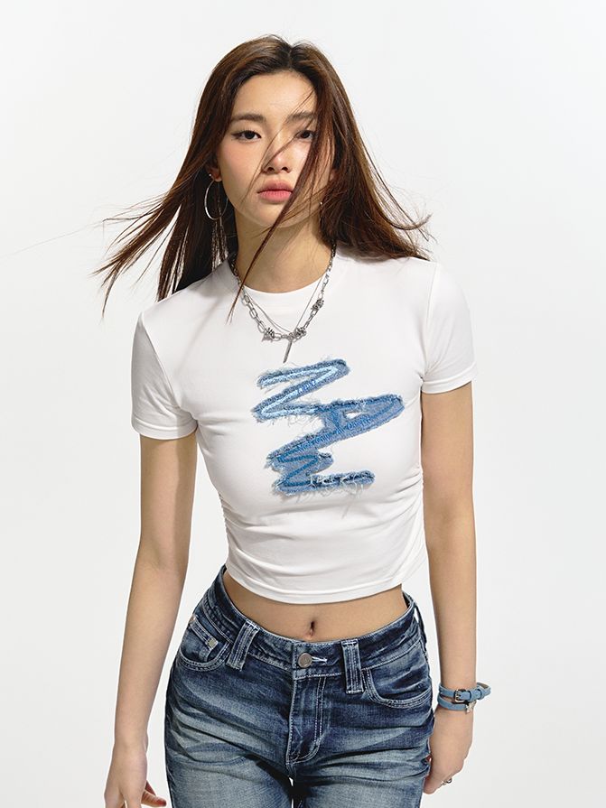 Tight Cropped Print Crew-Neck T-Shirt