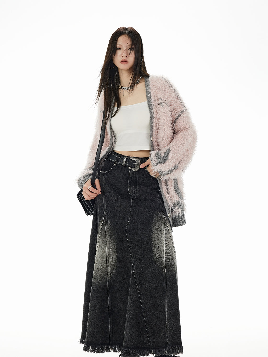 Mohair-Knit V-Neck Loose Fluffily Long Cardigan