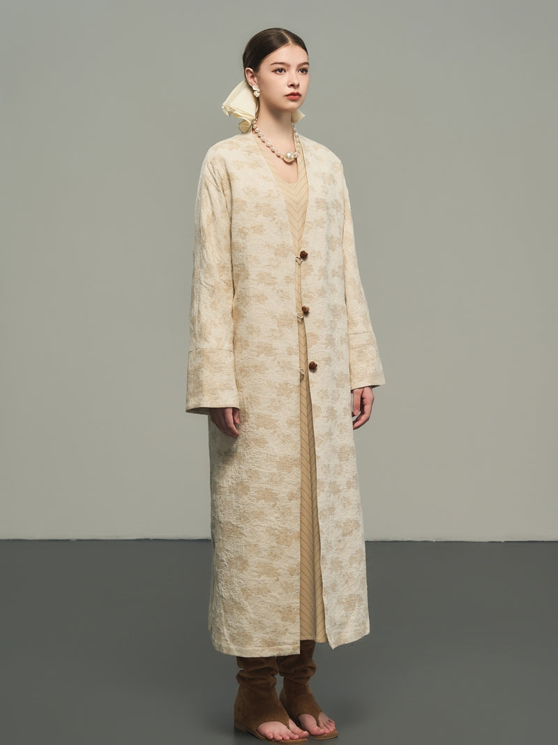 Flower Embroidery Long No-Collar Cotton Long-Coat