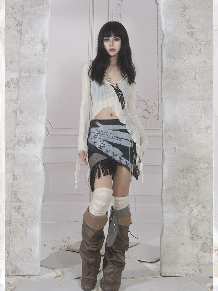 Nichi Tassel Asymmetry Patchwork Mini Skirt