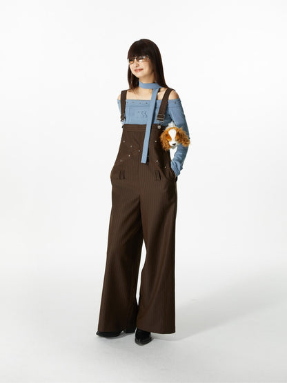 Wide-Pants Loose Casual Stripe Overall