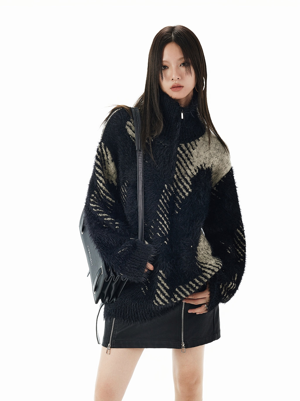 High-Neck Fluffily Half-Zip Casual Oversize Mohair-Knit