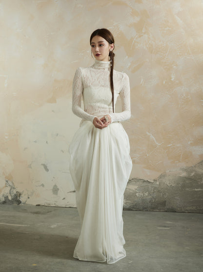 Plain Asymmetry Ciffon Fluffily Feminine Elegant Long-Skirt