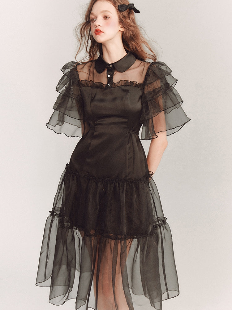 See-Through Tiered Flare-Sleeve Frill Dress One-Piece