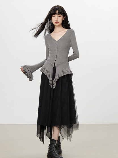 Flare-Sleeve Asymmetry Fril Ruffle V-Neck Slim Knit