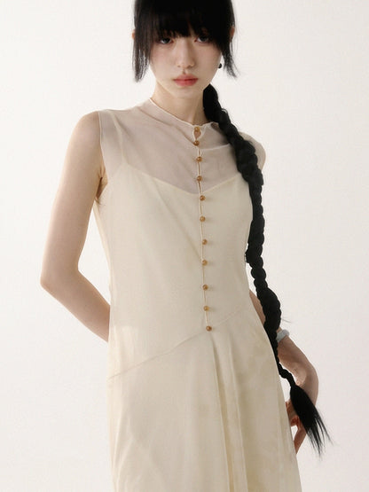 Sheer Sleeveless Flower Retro Long One-Piece