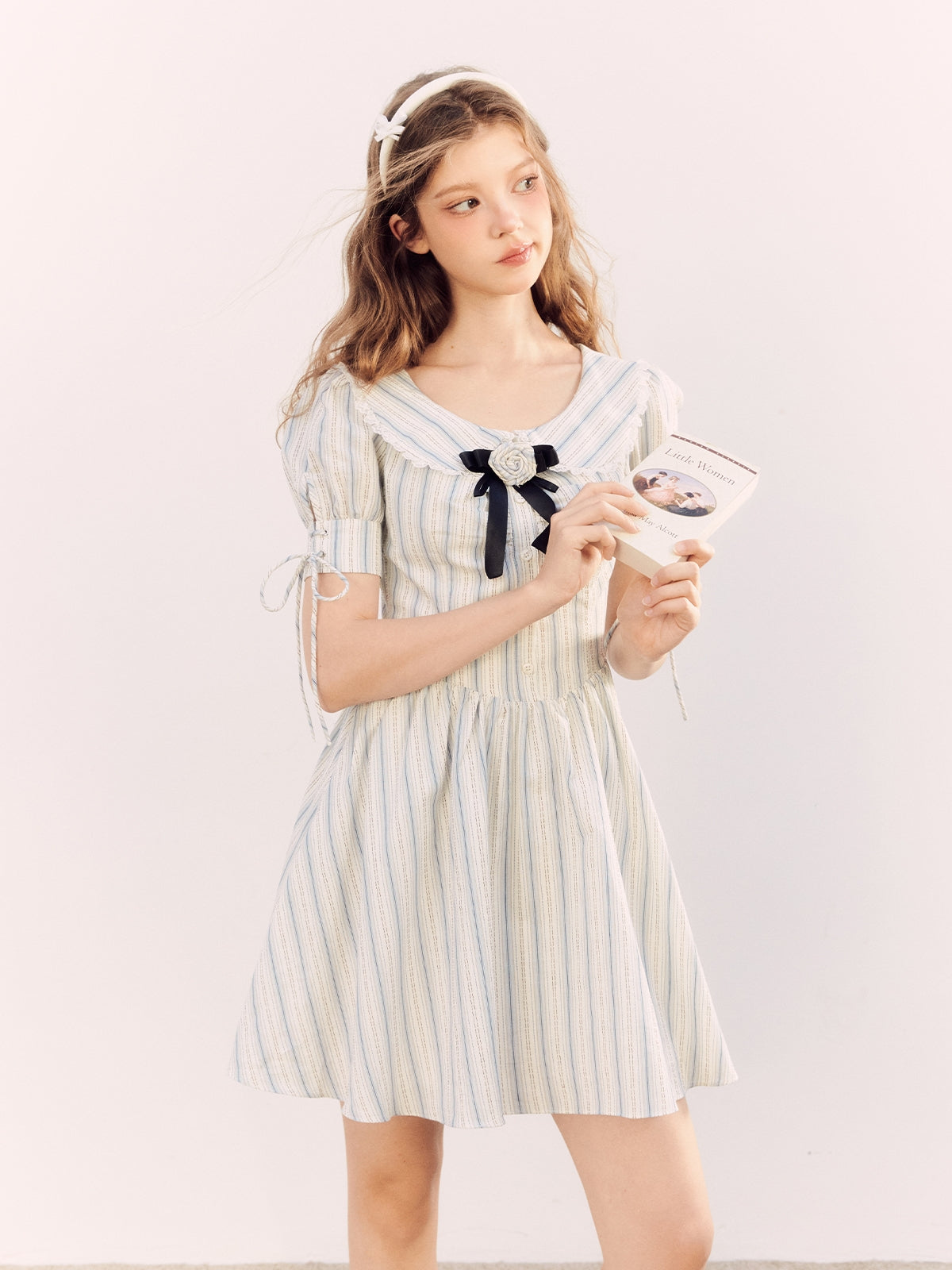 Stripe Puff-Sleeve Frill Flare One-Piece