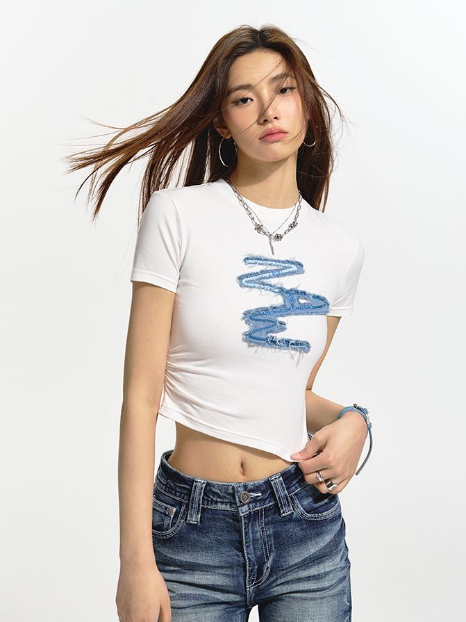 Tight Cropped Print Crew-Neck T-Shirt