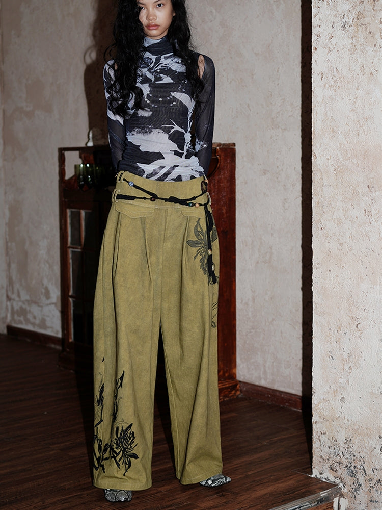 Embroidery Relax Loose Casual Retro Wide-Pants