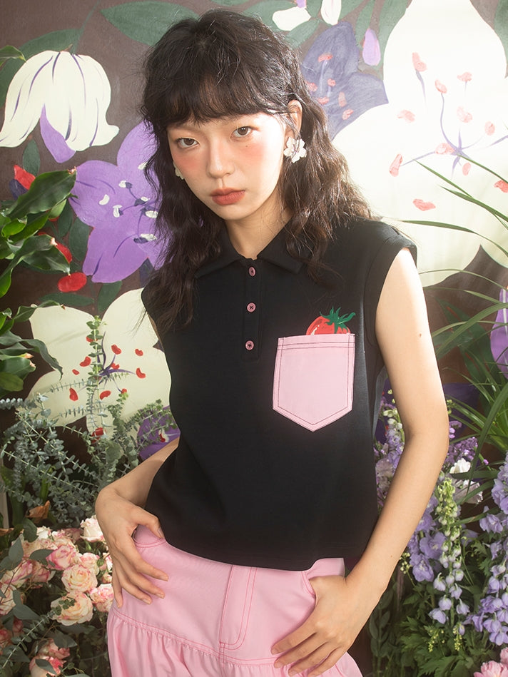 Sleeveless Pocket Strawberry Tops