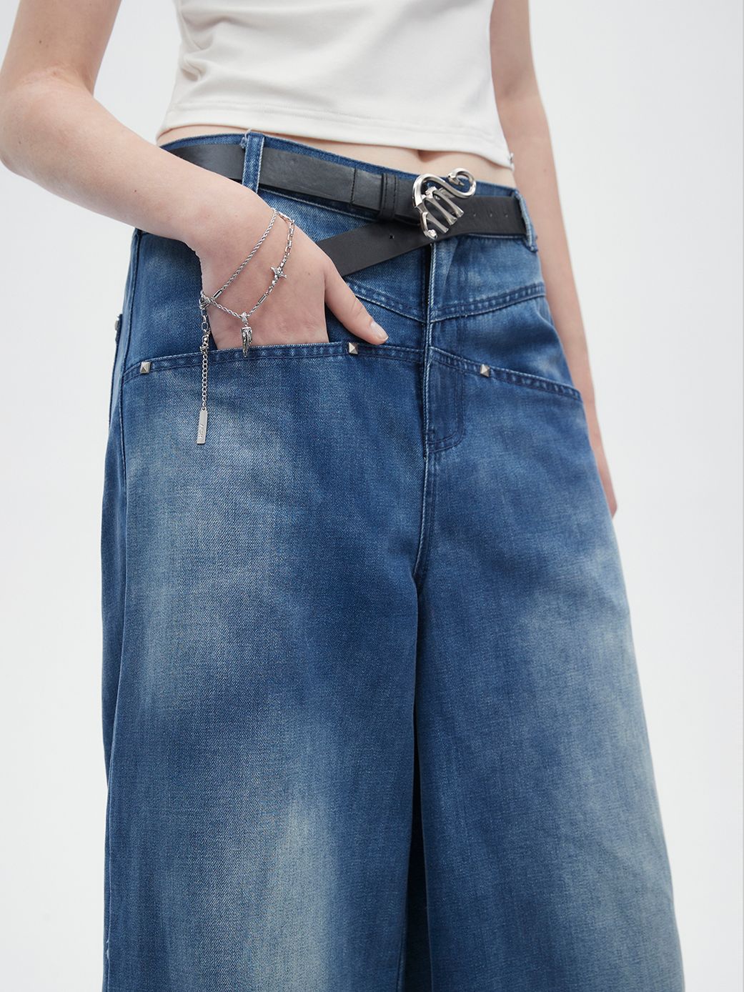 Nichi Faded Denim Loose Wide-Pants