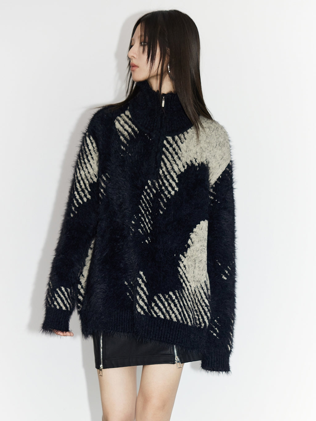 High-Neck Fluffily Half-Zip Casual Oversize Mohair-Knit