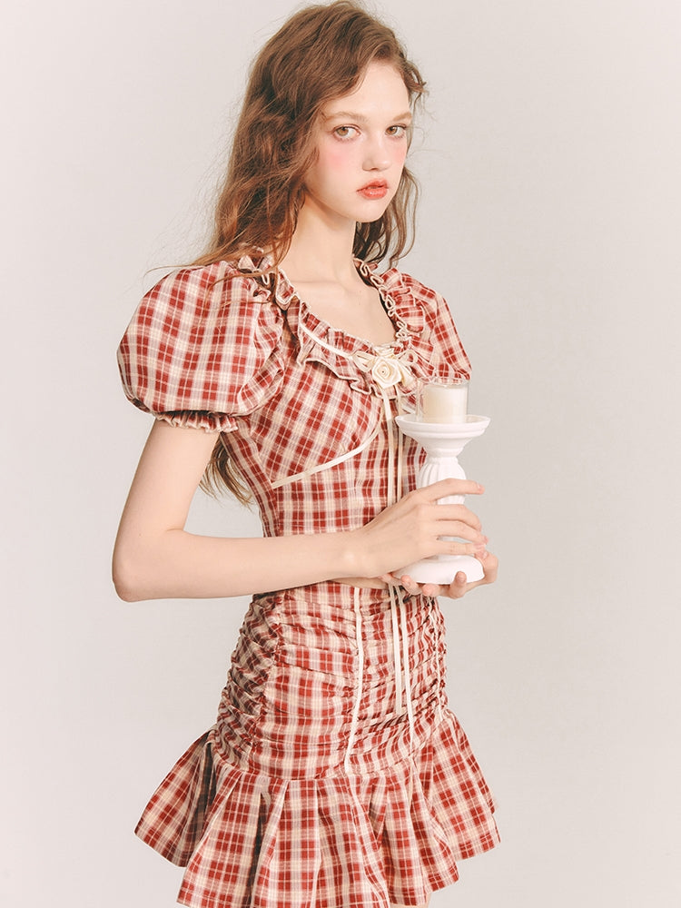 Checked Girly Puff-Sleeve Cute Blouse&amp;Mini-Skirt