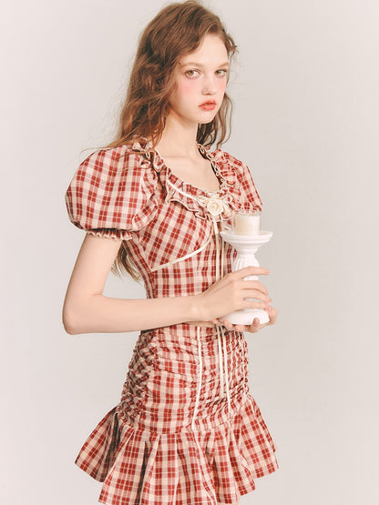 Checked Girly Puff-Sleeve Cute Blouse&amp;Mini-Skirt