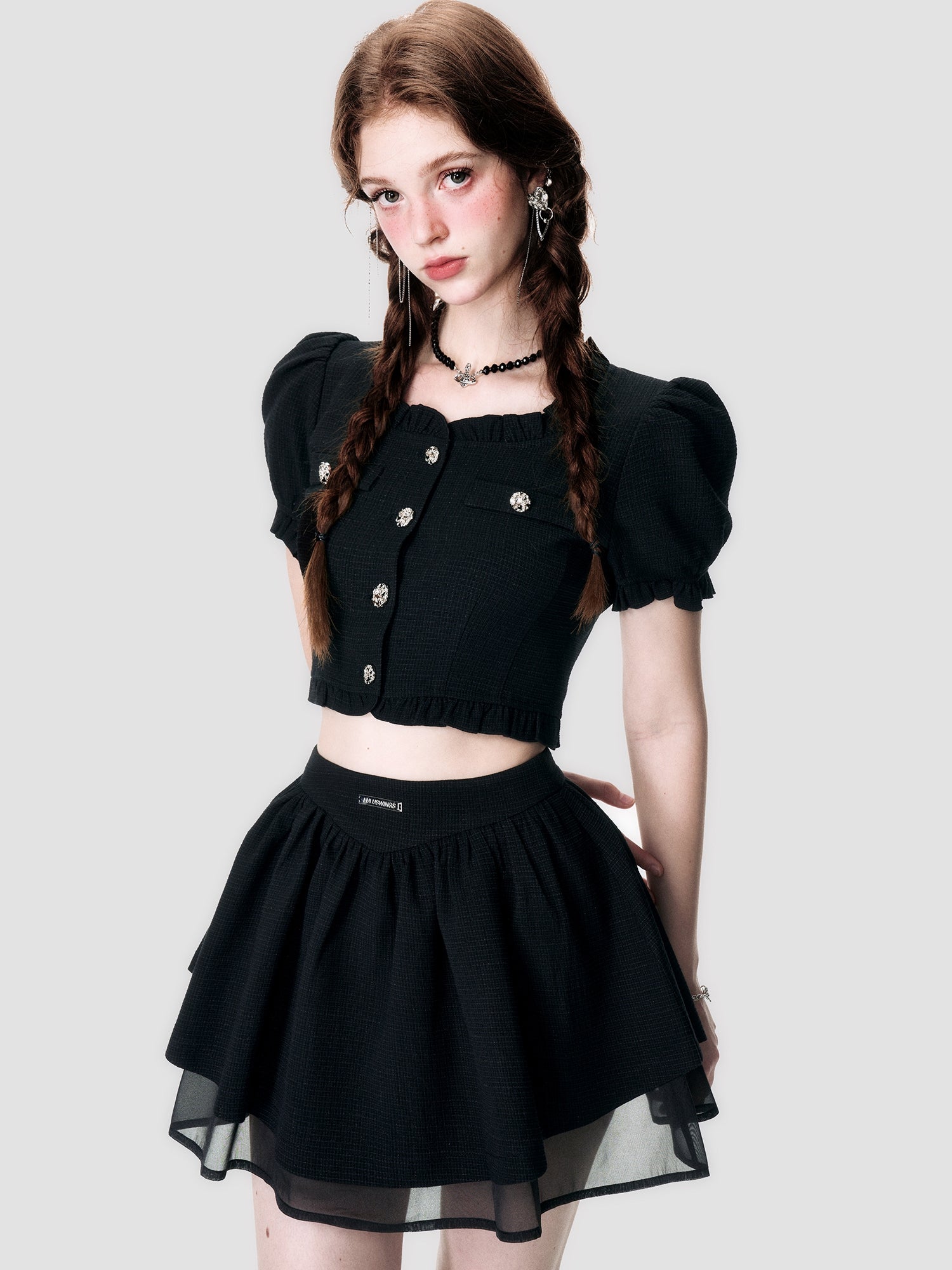 Puff-Sleeve Tiered Frill Lace Ciffon Blouse&amp;Mini-Skirt