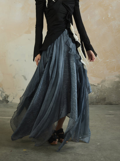 Asymmetry Romantic Ciffon Volume Flare Elegant Fluffily Long-Skirt