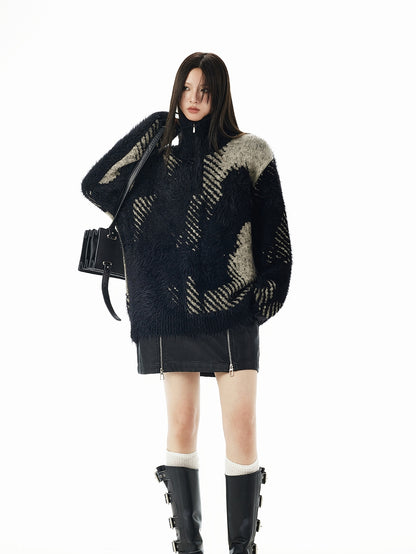 High-Neck Fluffily Half-Zip Casual Oversize Mohair-Knit