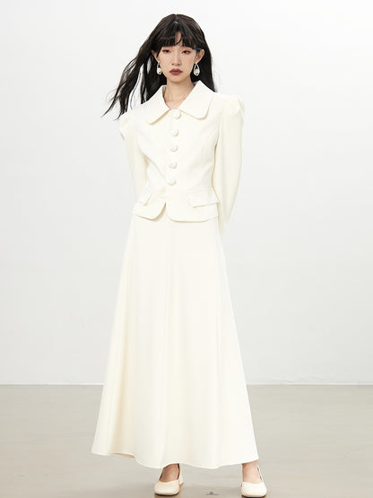 Power-Shoulder Big-Button Suit Plain Jacket＆Long-Skirt