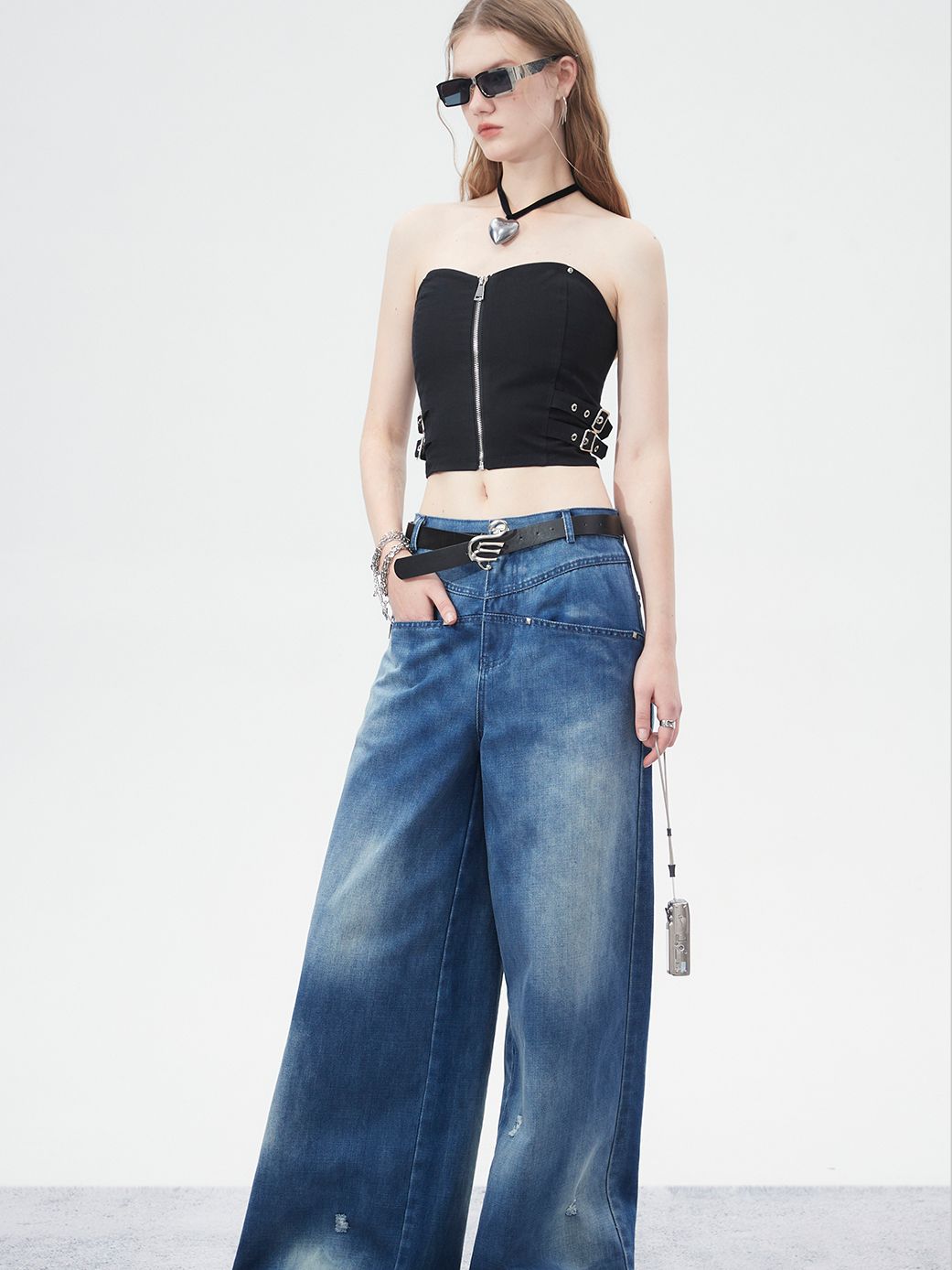 Nichi Faded Denim Loose Wide-Pants