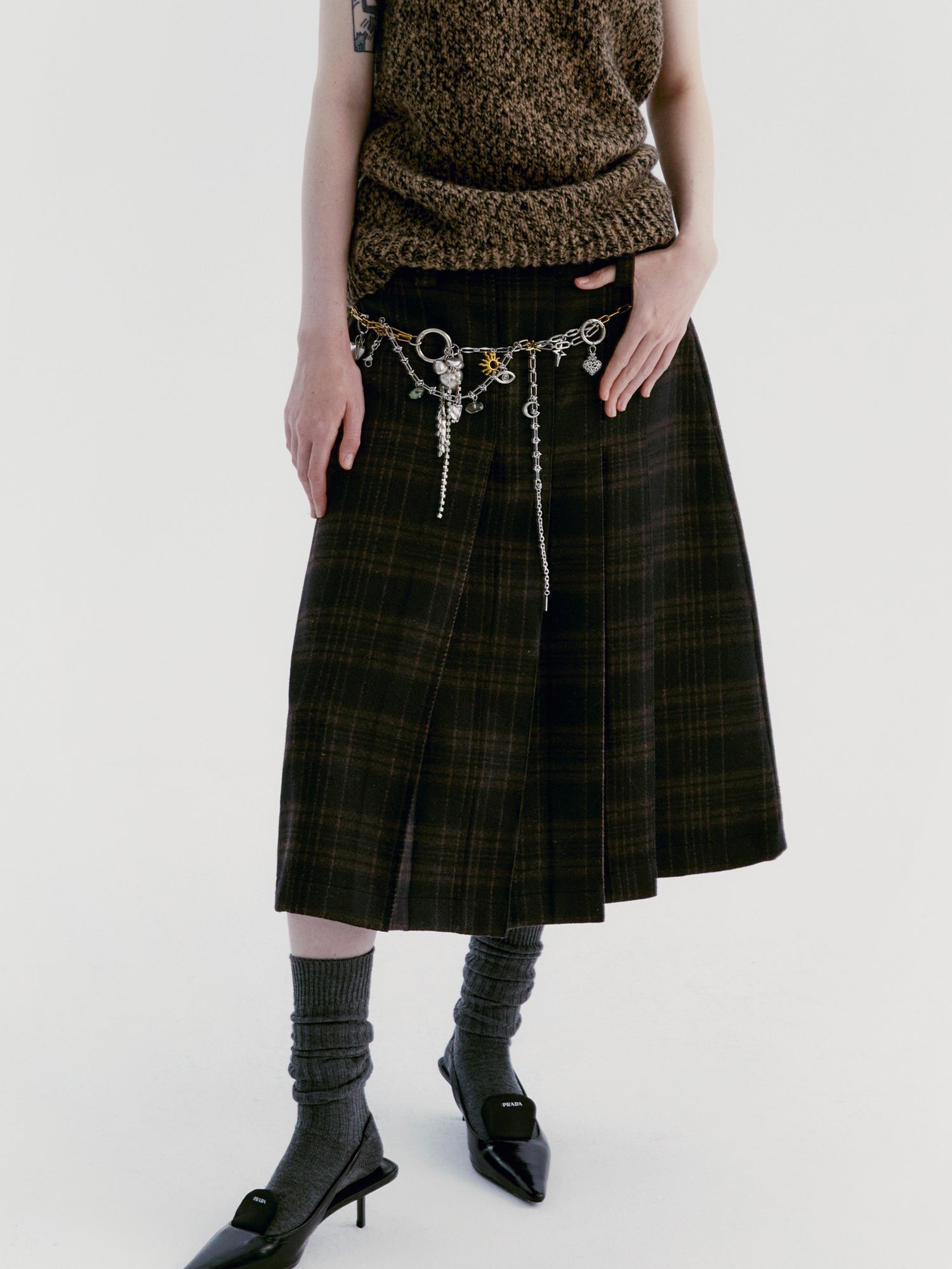 Asymmetry Wool Checked Long-Skirt