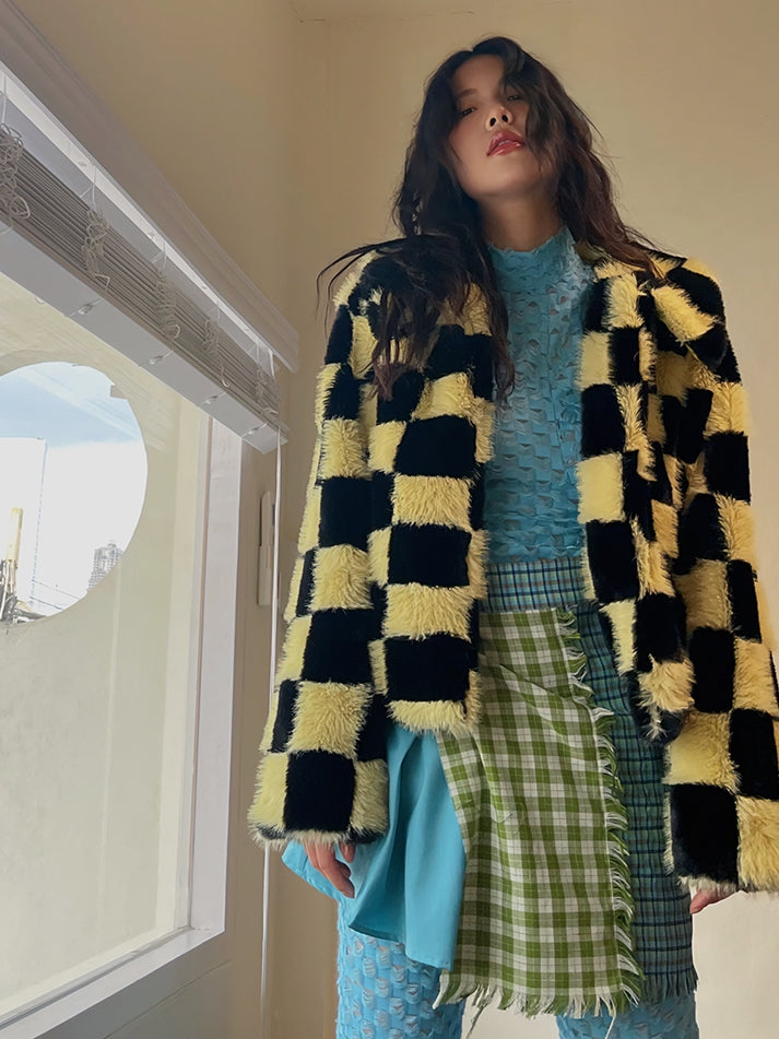 Checked Wool Fur Bi-Color Jacket