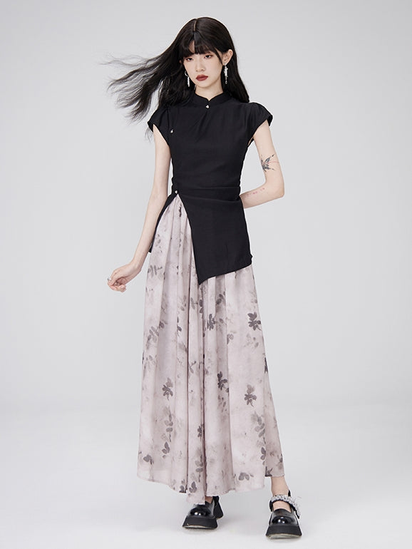 Asymmetry Flower Water-Color Retro Tops＆Skirt