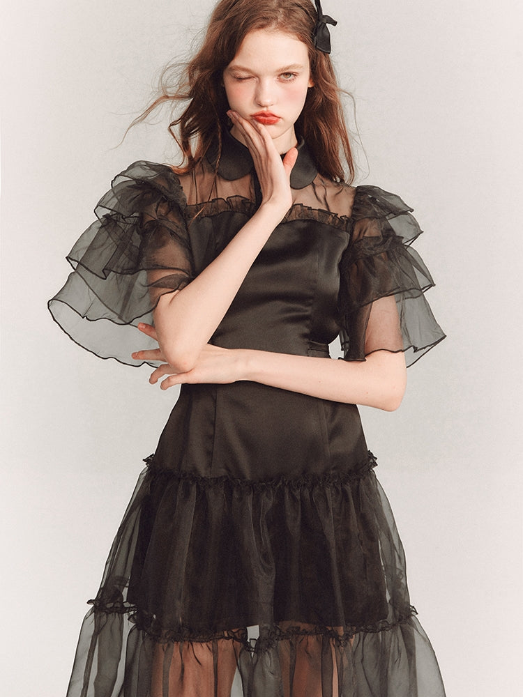 See-Through Tiered Flare-Sleeve Frill Dress One-Piece