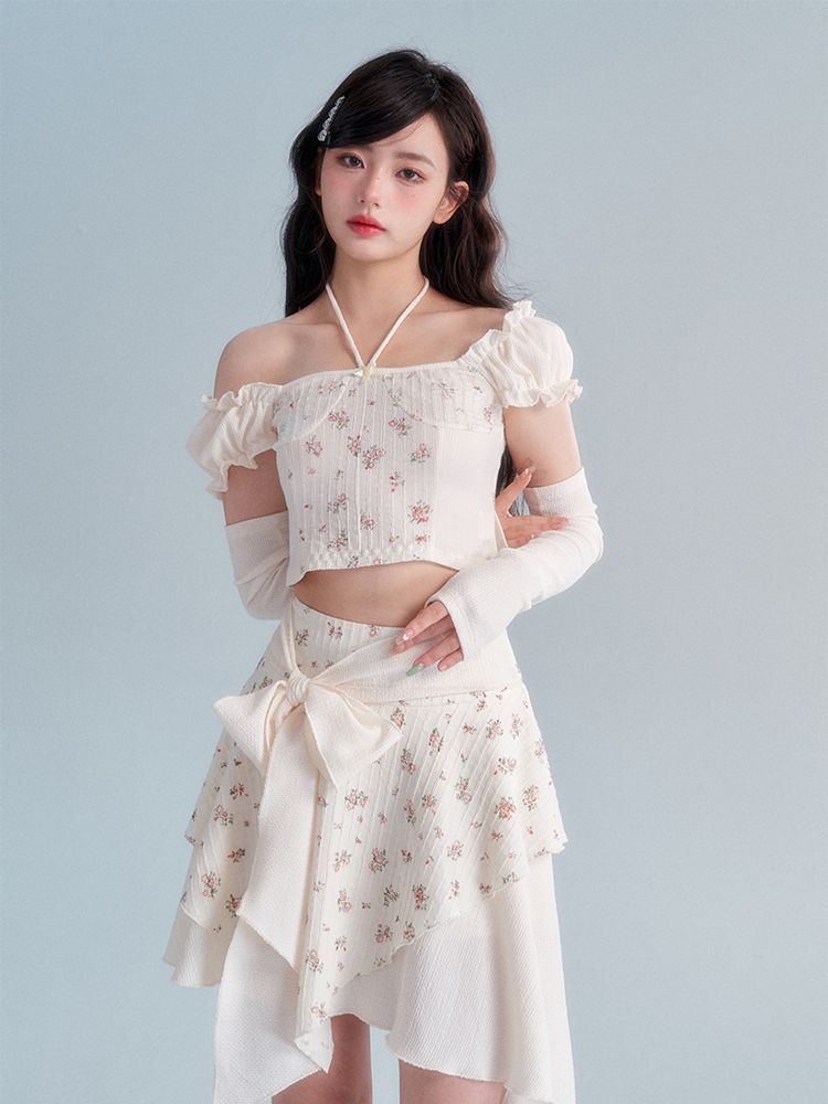 Glove Flower Cropped Fit Frill Ribbon asymmetry Tops &amp; Skirt