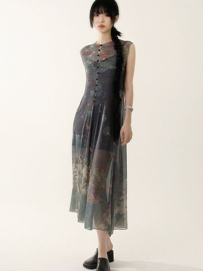 Sheer Sleeveless Flower Retro Long One-Piece