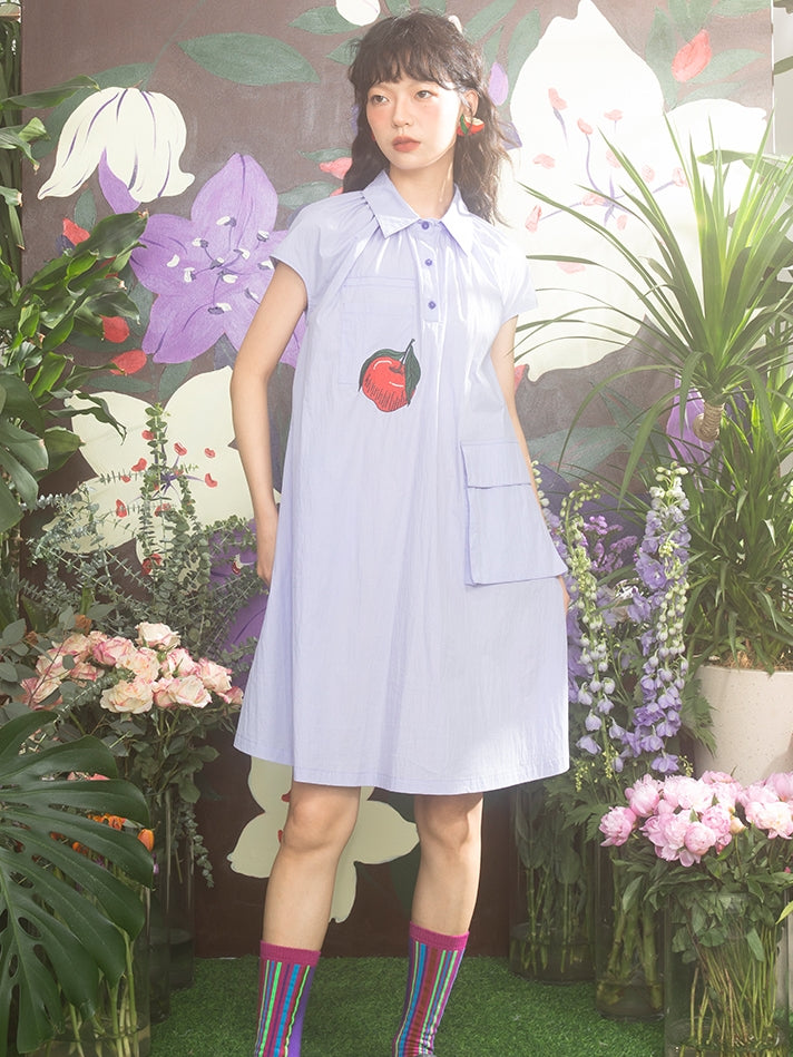 Embroidery Apple Retro Flare Shirt-One-Piece