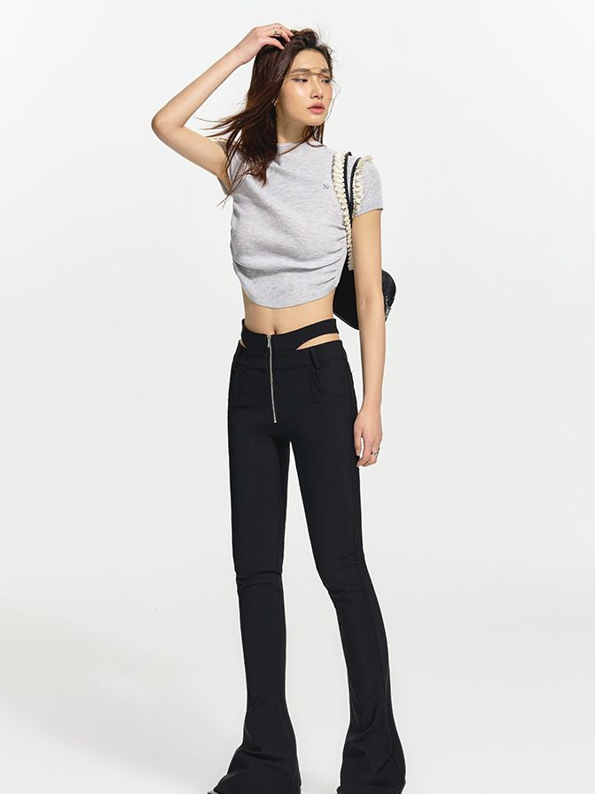 Cropped Bottle-neck Tight Slim-fit Casual T-shirt