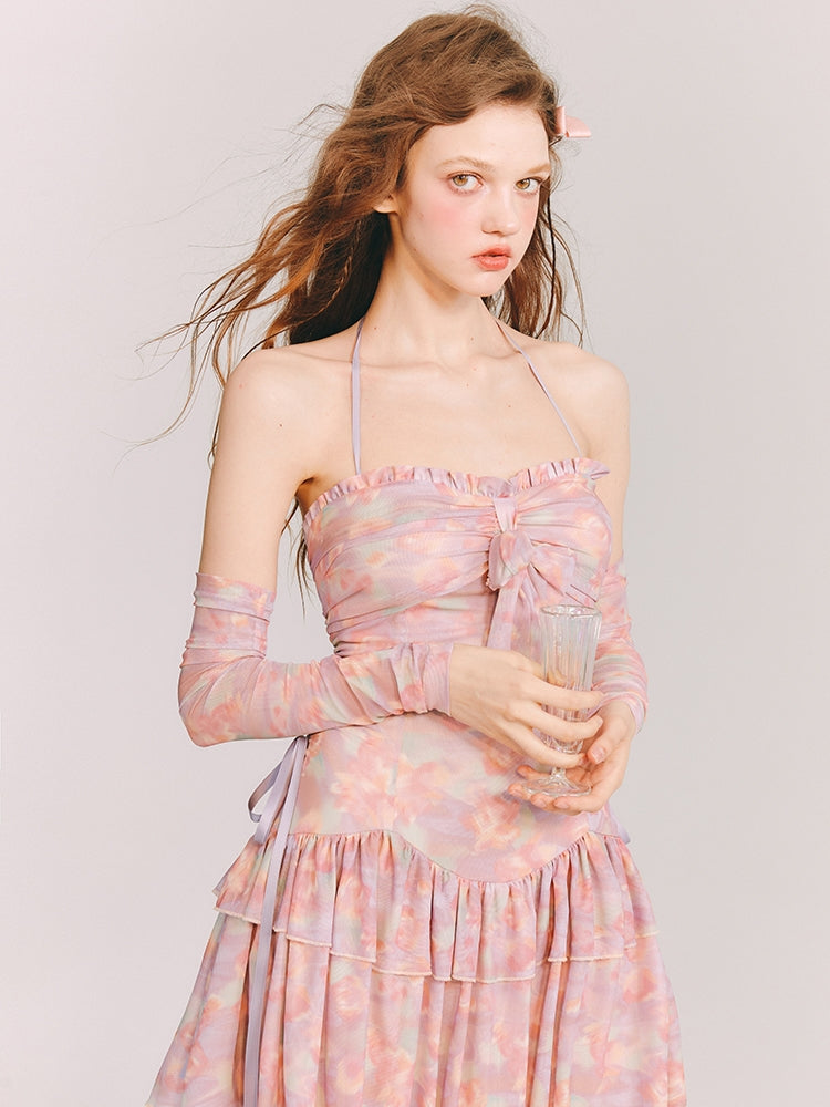 Pastel Back-Open Ribbon Tiered Floral One-Piece