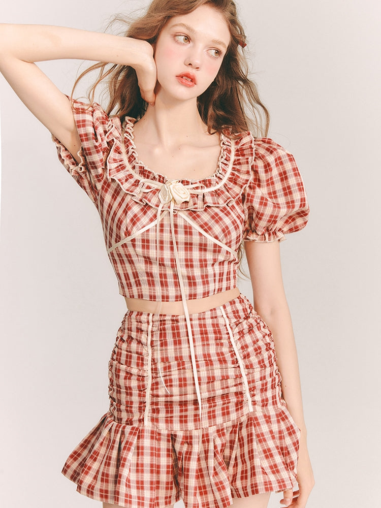 Checked Girly Puff-Ärmer Netter Bluse &amp; Minirocke