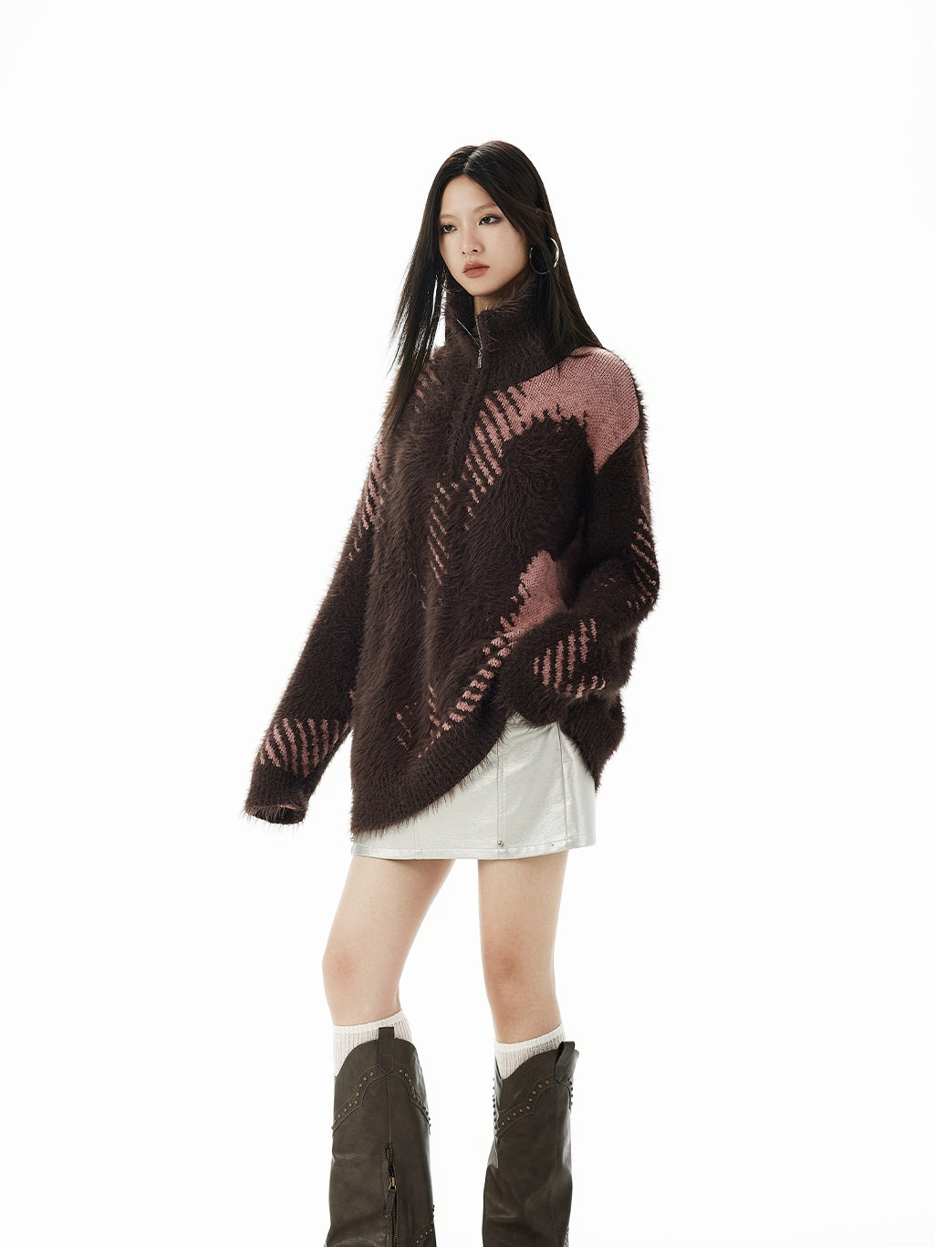 High-Neck Fluffily Half-Zip Casual Oversize Mohair-Knit