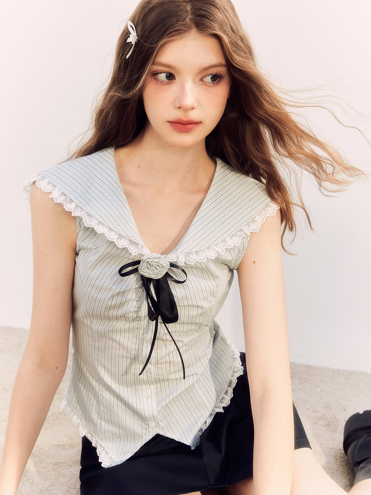 Sailor-Collar Lace Sleeveless Stripe Blouse&amp;Pants