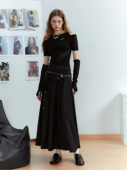 Plain Pleats Simple Flare Long-Skirt