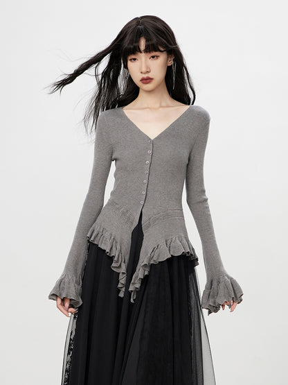 Flare-Sleeve Asymmetry Fril Ruffle V-Neck Slim Knit