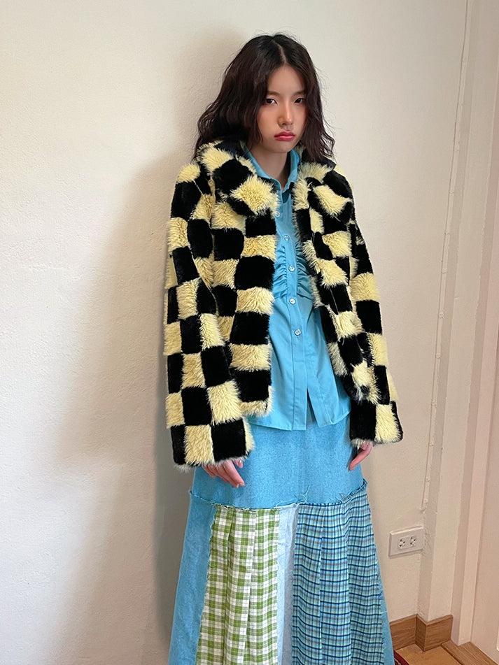 Checked Wool Fur Bi-Color Jacket