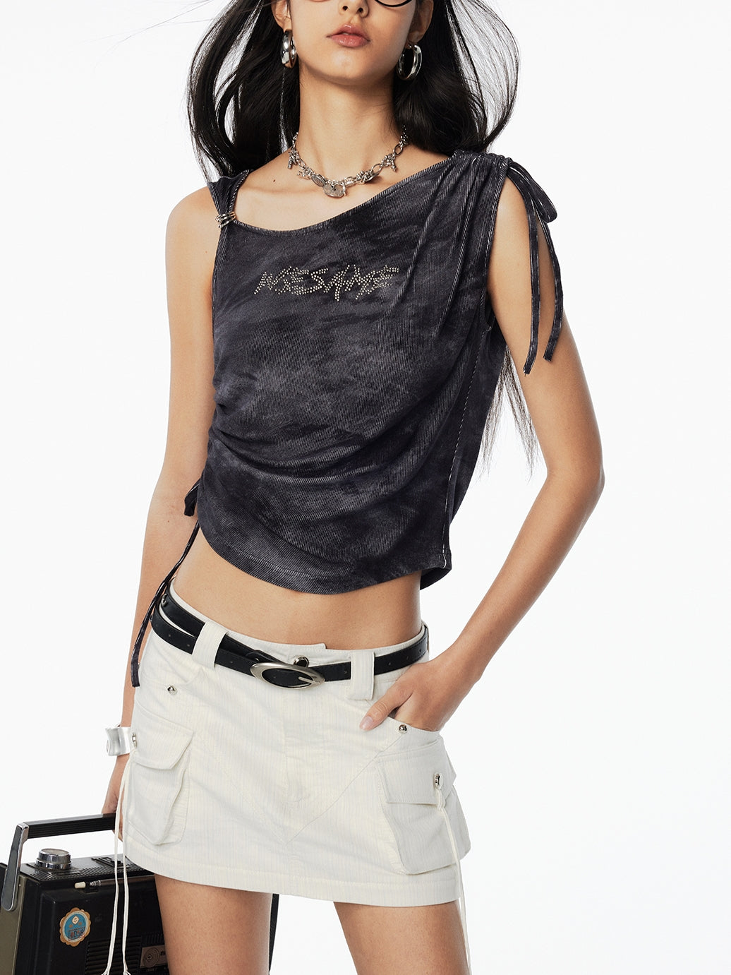 Drawstring Asymmetry Nichi Sleeveless Drape Tops