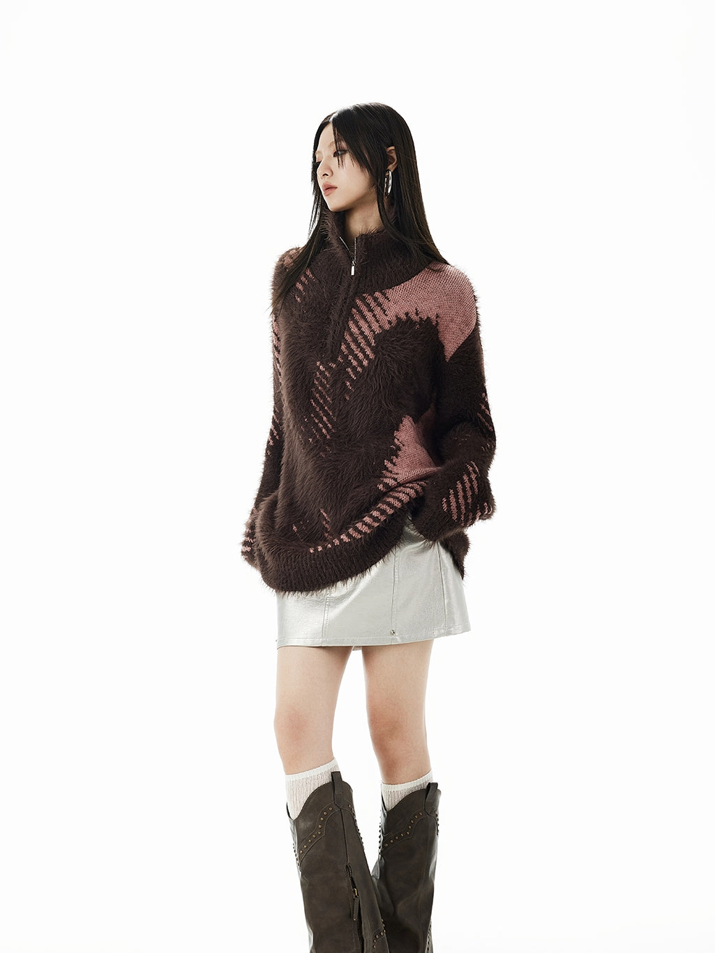 High-Neck Fluffily Half-Zip Casual Oversize Mohair-Knit