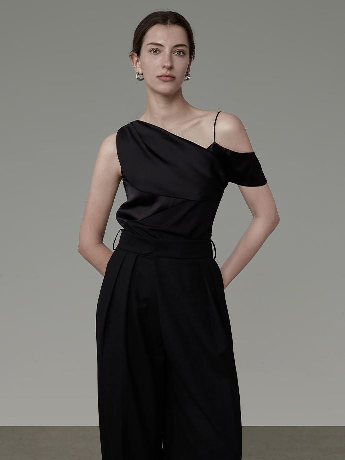 ASIMMETRY ONE-SHOULDER CIFFON DRAPE CLASSY TOPS