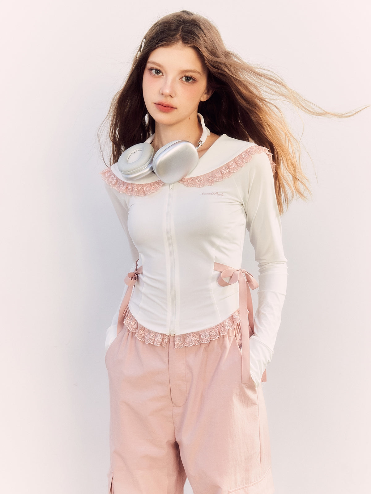 Lace-Collar Ribbon Sweet Casual Cutsew&amp;Pants