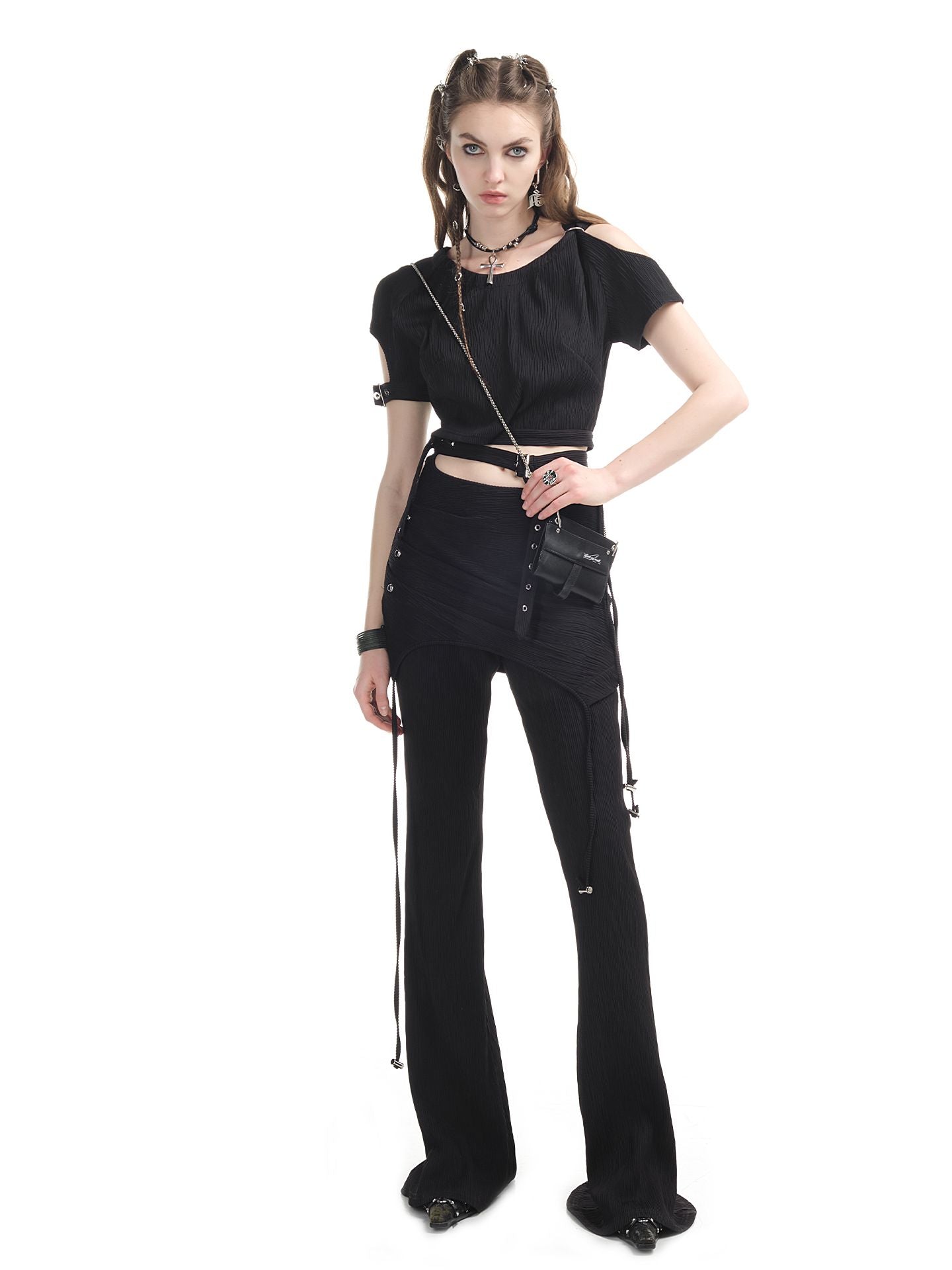 Open-shoulder Nichi Belt Cropped Cool Tops&amp;Pants