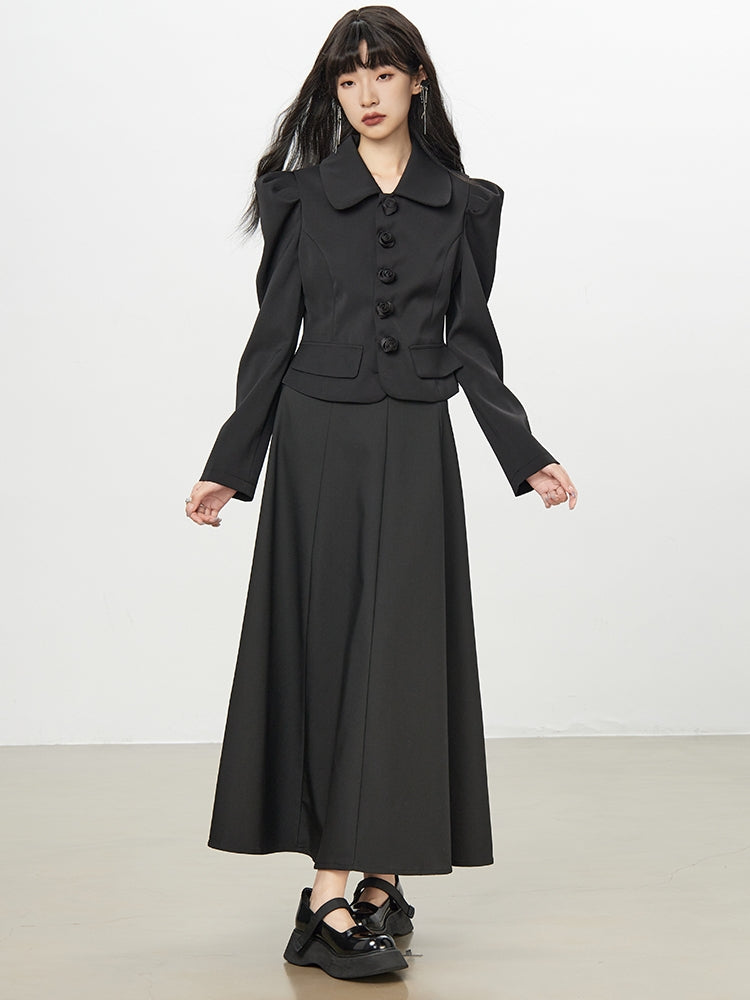 Power-Shoulder Big-Button Suit Plain Jacket＆Long-Skirt