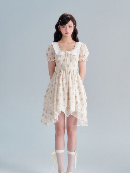 Flower Puff-sleeve Asymemtry Retro One-piece