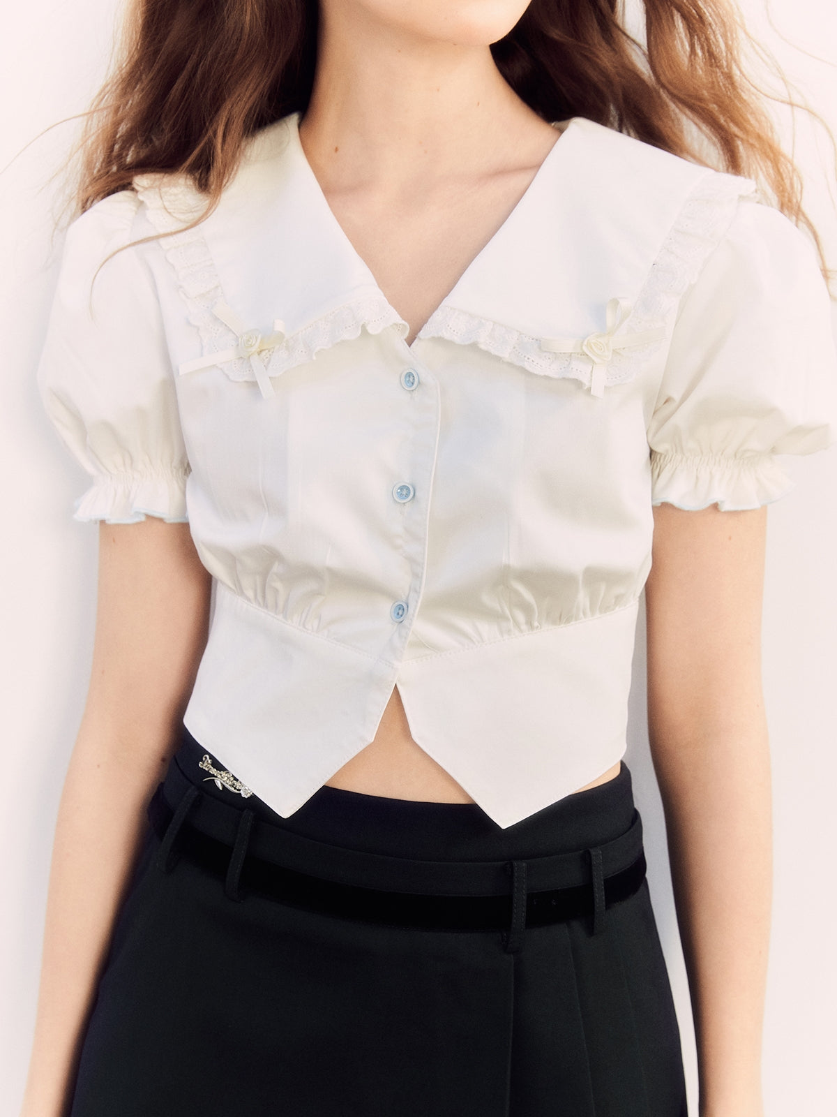 Fille Sailor-Colar Puss-Sheeve Migne Blouse Culottes