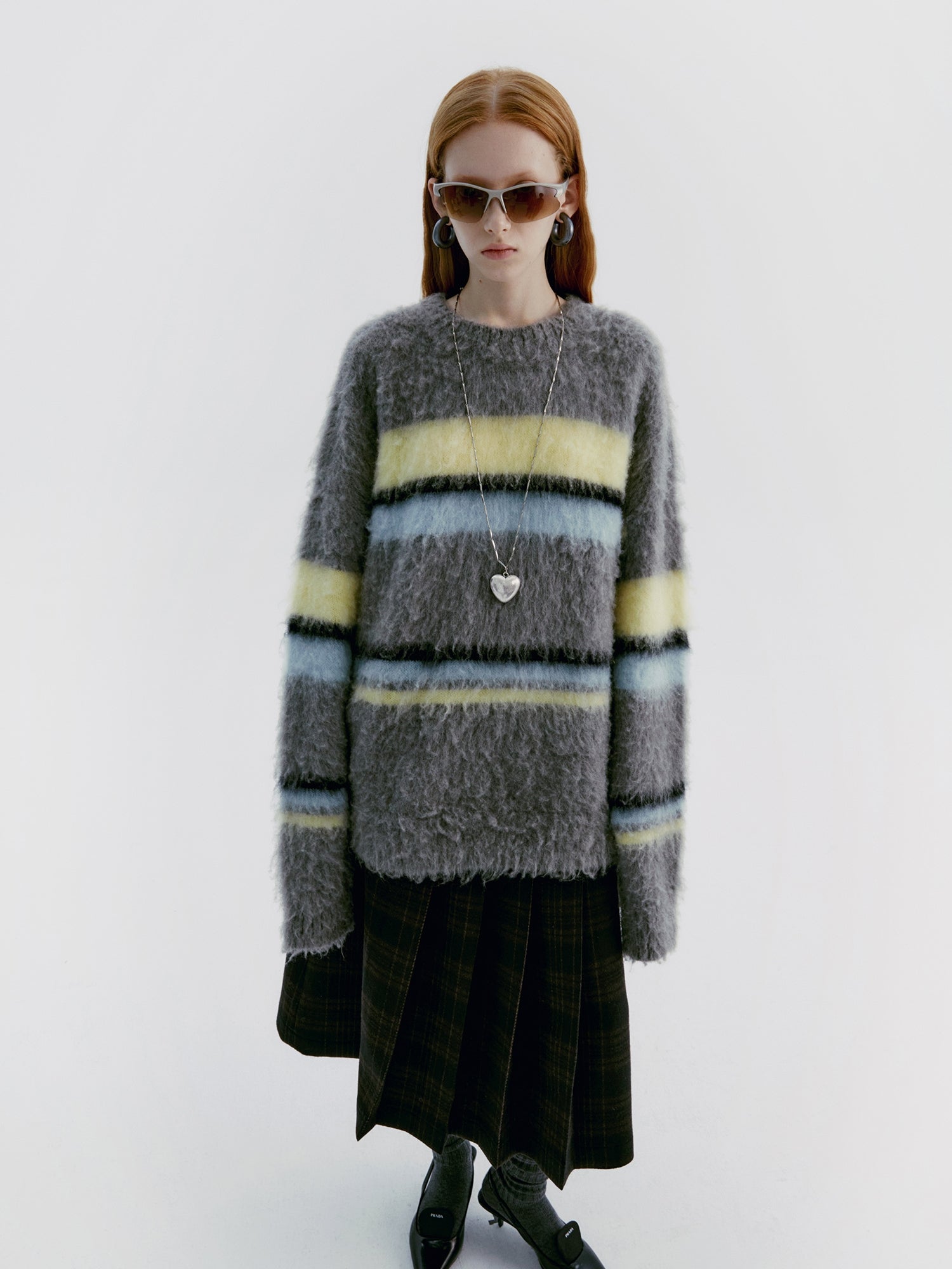 Asymmetry Wool Checked Long-Skirt