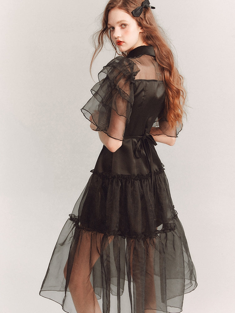 See-Through Tiered Flare-Sleeve Frill Dress One-Piece