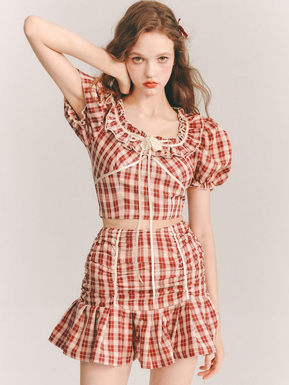 Checked Girly Puff-Sleeve Cute Blouse&amp;Mini-Skirt